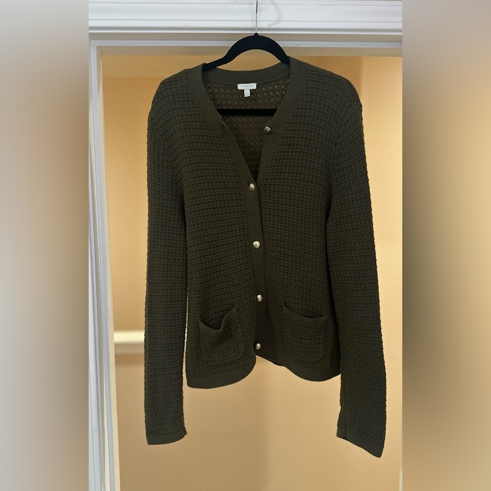 Women’s TALBOTS FACTORY Knit Grandmacore Cardigan Green Sweater Preppy‎ Size L.